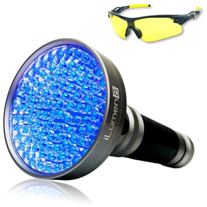 EXTRA BRIGHT 100 LED UV Blacklight Flashlight - AND - THE BEST UV Safety Glasses by iLumen8