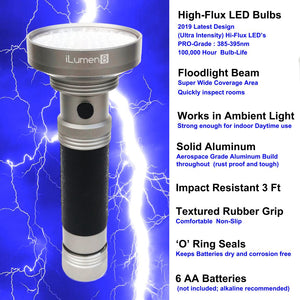 EXTRA BRIGHT 100 LED UV Blacklight Flashlight - AND - THE BEST UV Safety Glasses by iLumen8